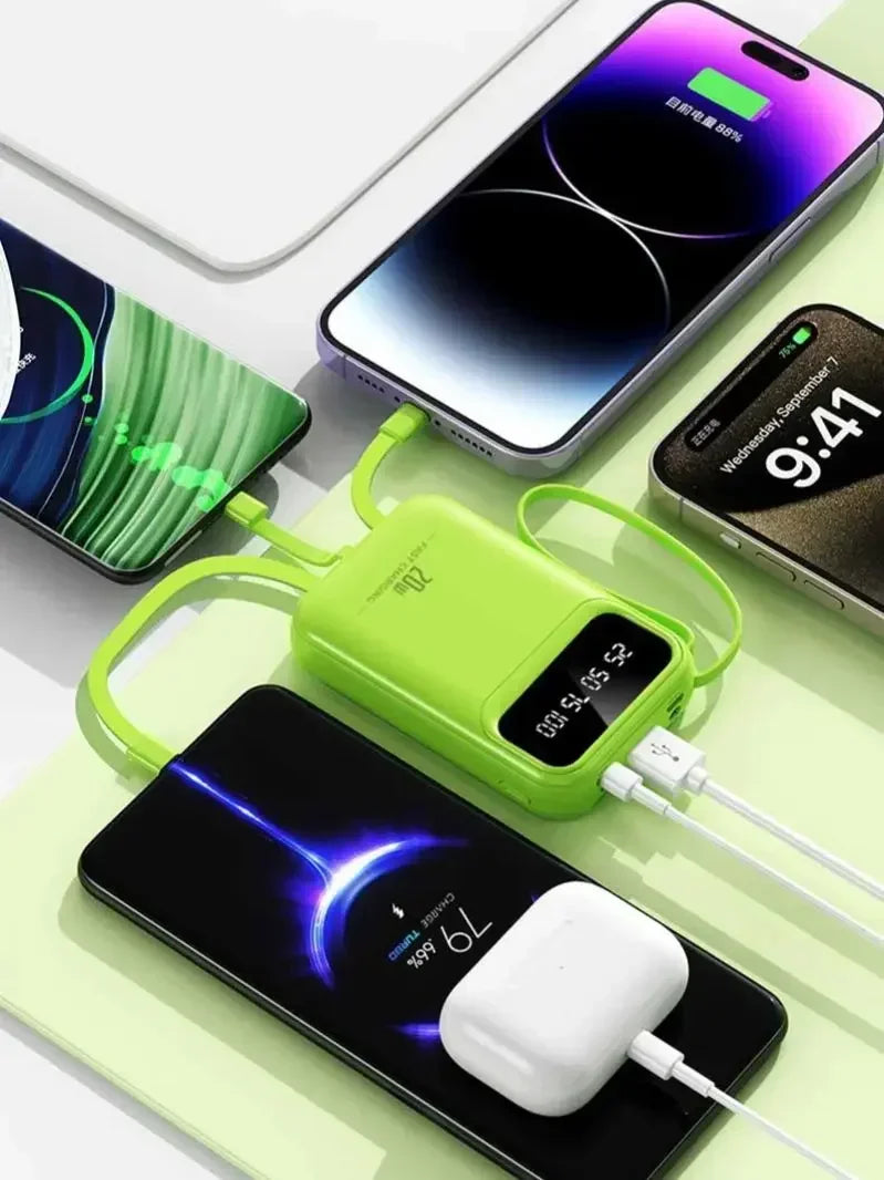 500000mAh Portable Power Bank 20W Fast Charge, Built-In 4 Cables, LED Light & Digital Display