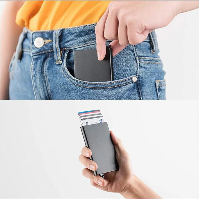 RFID Metal Pop-Up Card Holder Wallet – Slim Minimalist Small Black Unisex