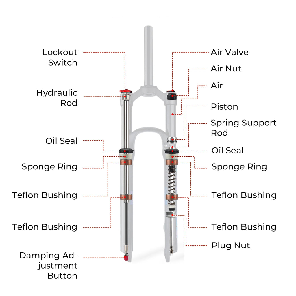 MTB Air Suspension Fork — 120mm Travel, Rebound Adjustable, 26/27.5/29 in, 9x100mm Quick Release, Disc Brake Compatible