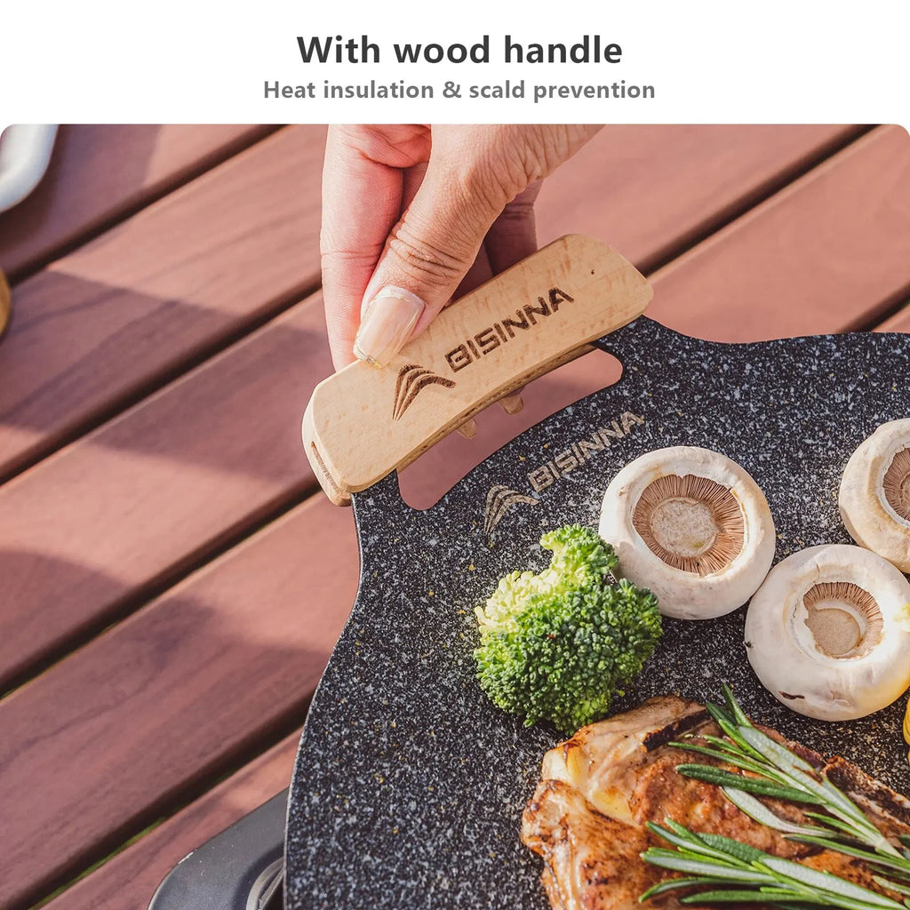 34cm (13.4 in) Non-Stick Outdoor BBQ Grill Pan with Wooden Handles, Stovetop & Camping Korean Grill Plate