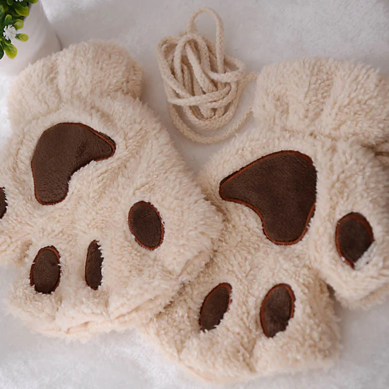 Cute Cat Paw Fingerless Mittens Plush Half-Finger Warm Fluffy Gloves for Women & Unisex