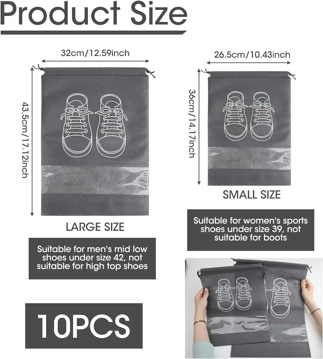 5/10-Pack Non-Woven Drawstring Shoe Bags — Dust-Proof Travel Shoe Storage Organizer (36×27 cm / 14.2×10.6 in; 44×32 cm / 17.3×12.6 in)