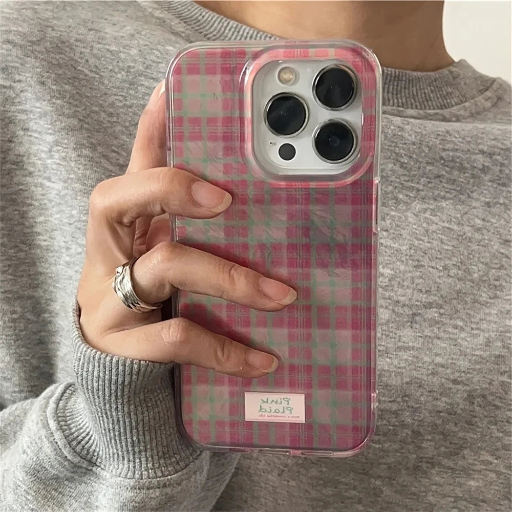 Dopamine Colorblock Plaid Full-Coverage Shockproof Phone Case – Patterned Protective Cover