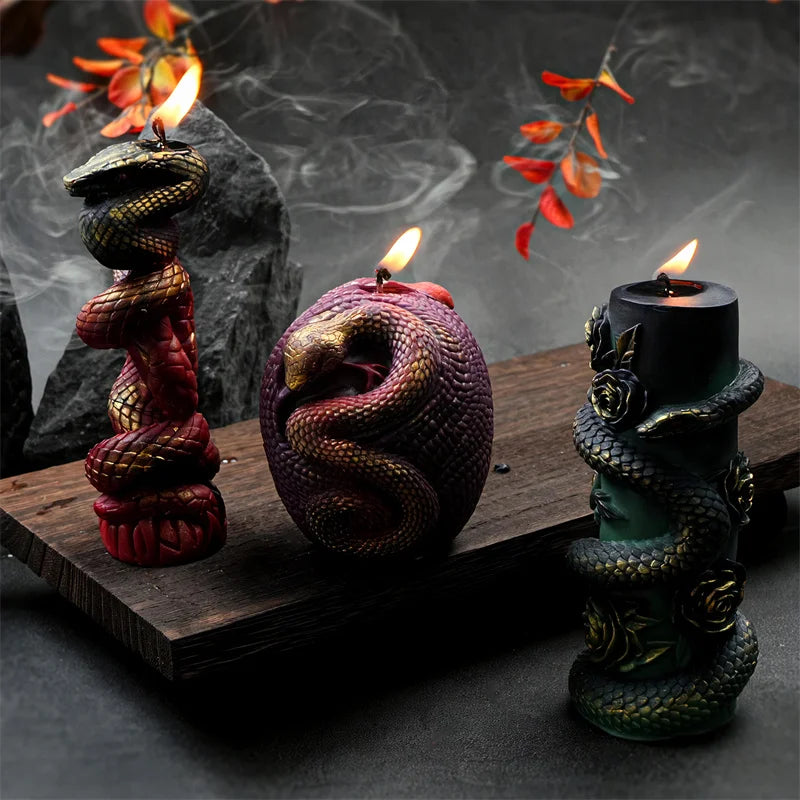Snake Silicone Candle Mold - Column Candlestick Mold with Coiled Snake, Egg & Rose Relief for DIY Candles & Gypsum Decor