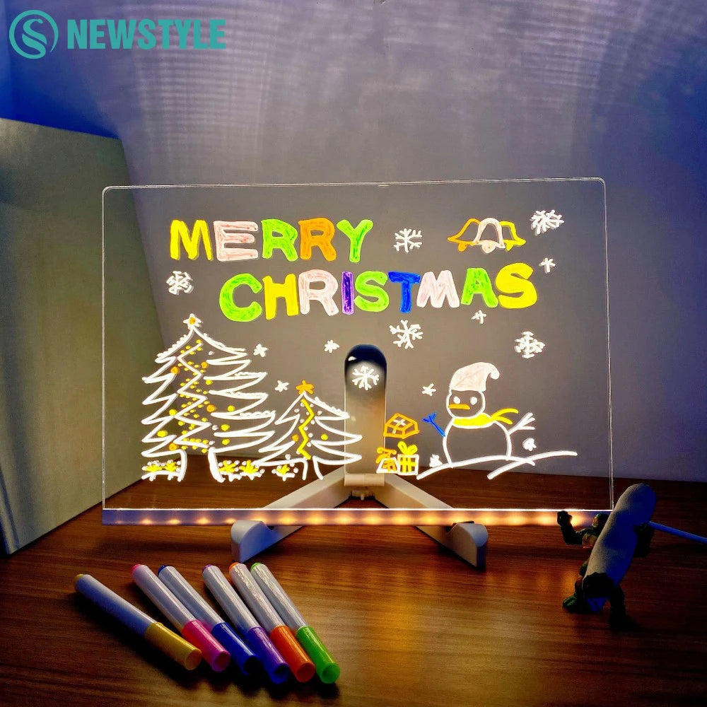 LED Acrylic Message Board with Night Light and 7 Color Pens – DIY Rewritable Kids Drawing & Birthday Gift