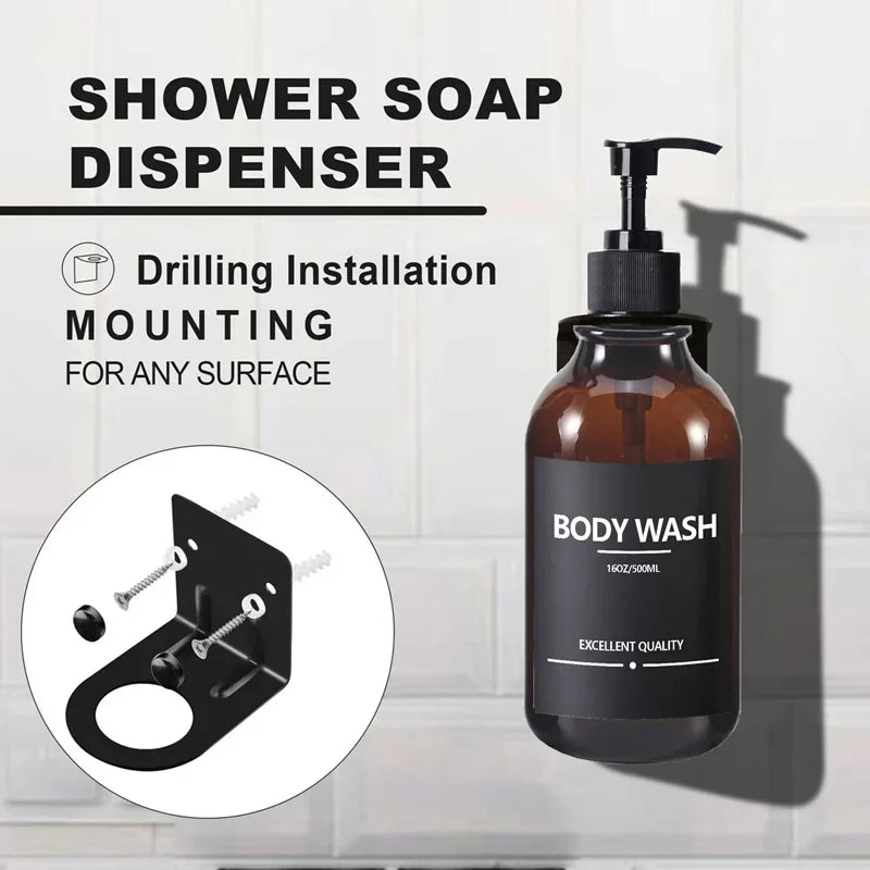 500ml (16.9 fl oz) Amber Refillable Pump Bottle Set with Black Label Stickers - Shampoo, Shower Gel & Liquid Soap Dispensers for Bathroom & Kitchen
