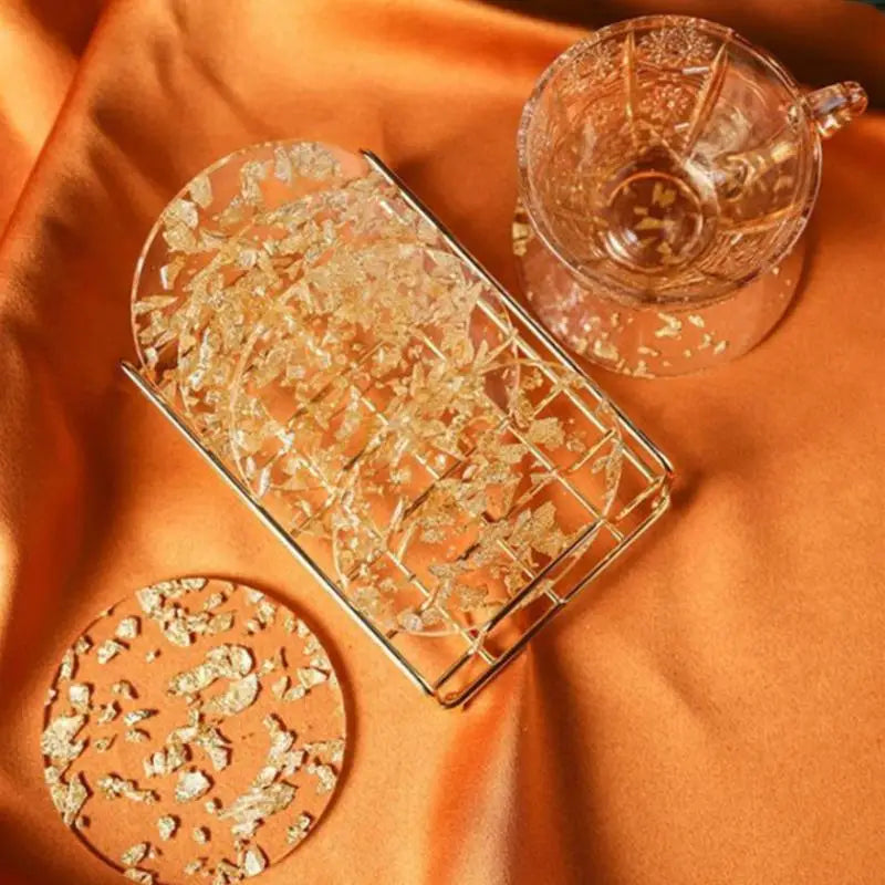 Acrylic Gold & Silver Foil Coasters, Luxury Round 3.7 in (9.5 cm) & Square 4.3 in (11 cm) Table Coasters for Coffee, Kitchen, Wedding