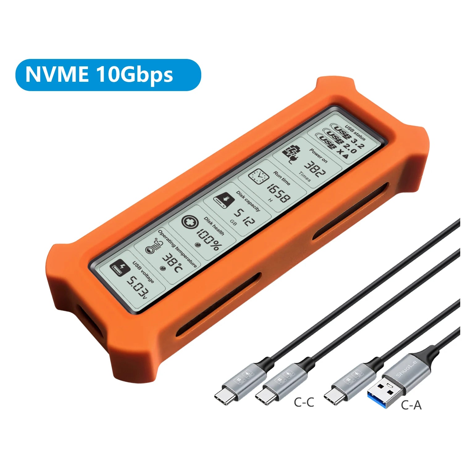 Portable M.2 NVMe SSD Enclosure with HD Health Display, USB 3.2 Gen 2 10Gbps PCIe