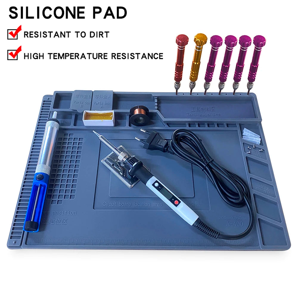Silicone Soldering Mat 45 x 30 cm (17.7 x 11.8 in) Heat-Resistant Anti-Static Repair Mat with Built-In Ruler & Parts Boxes