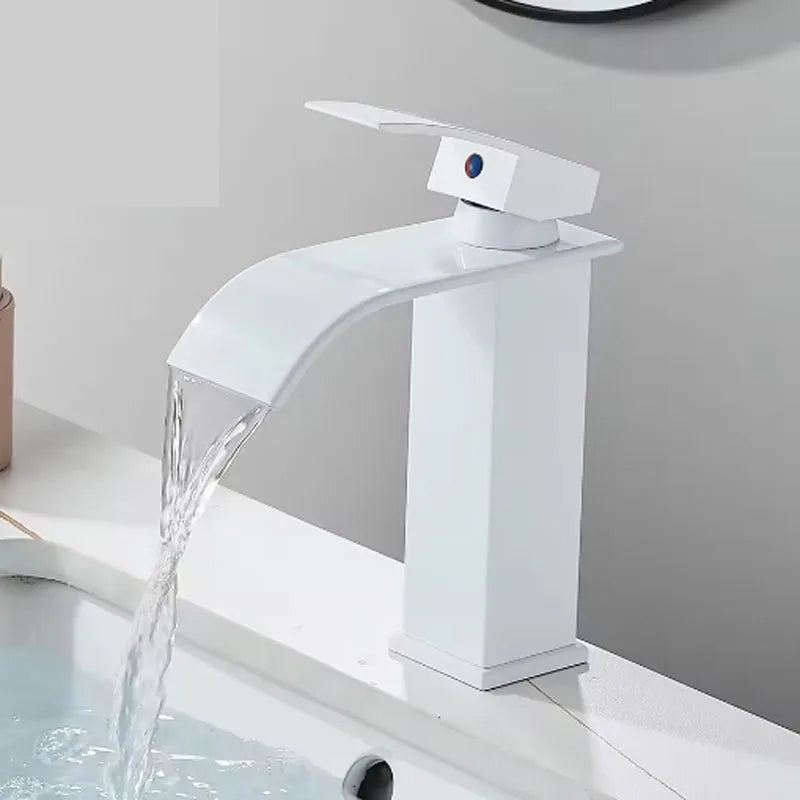 Brushed Gold Waterfall Bathroom Faucet - Single Lever Deck-Mount Basin Mixer, Single Hole, Stainless Steel Ceramic Valve
