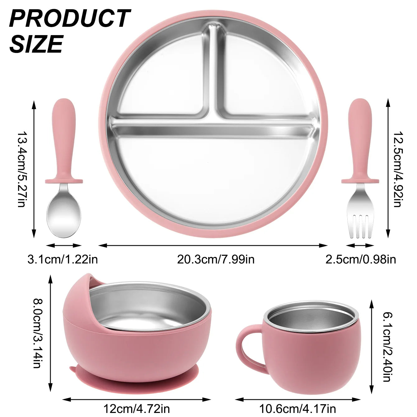 5-Piece Baby Feeding Set — Stainless Steel Plates & Utensils with Detachable Silicone Suction Bowl, BPA-Free Infant Fork Spoon Cup