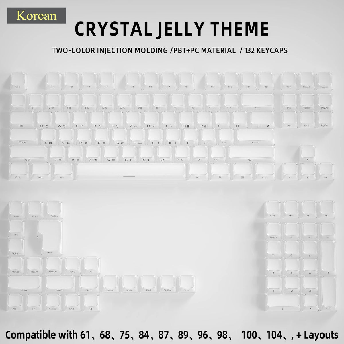 Crystal Jelly Keycap Set — Korean & English Side/Front Printed for Mechanical Keyboards | Pink, White & Blue — Fits 60%, 75%, 80%, 100% and Common Layouts