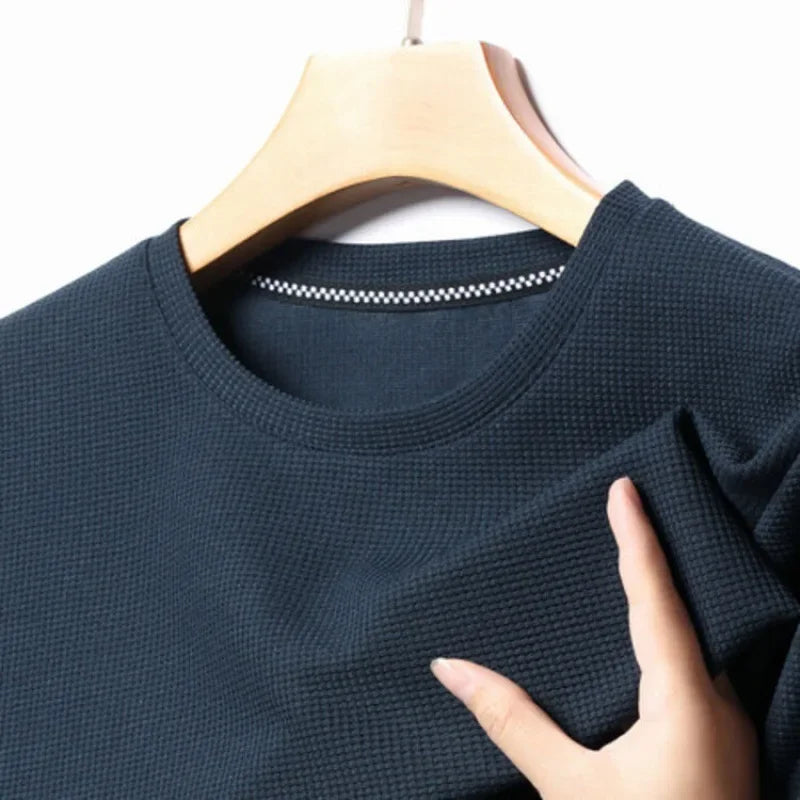 Men's Summer Waffle Knit Short Sleeve T-Shirt Round Neck Casual Breathable Tee