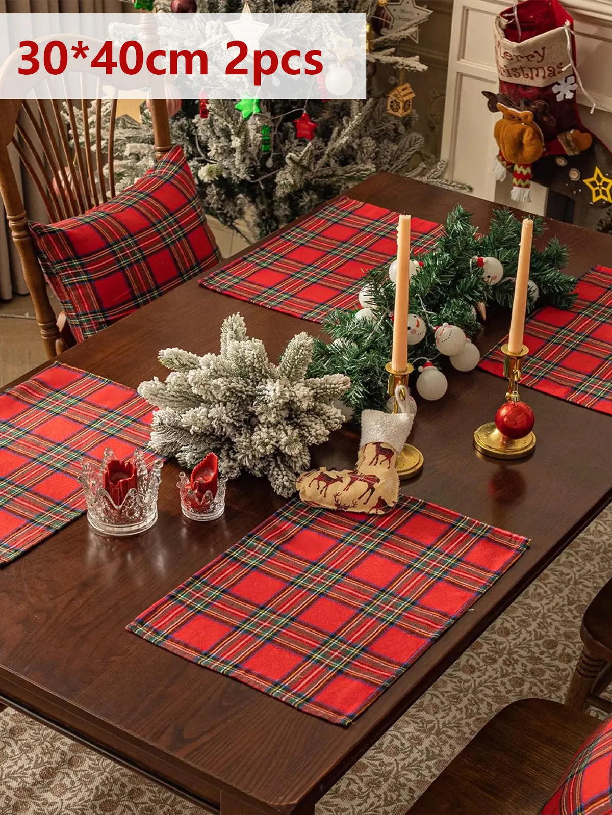 Christmas Tartan Plaid Placemats - 2/6/12 Pack Washable Table Mats for Holiday Dining & Party Decor