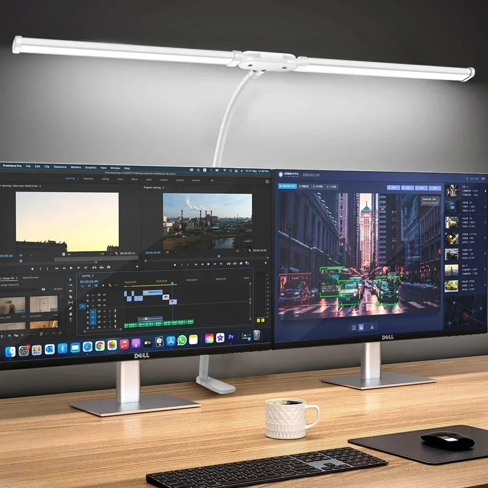 Dimmable LED Clip-On Desk Lamp – Dual-Head Adjustable 31.5in (80cm) Arm, USB Clamp Light for Office, Reading & Monitor Lighting
