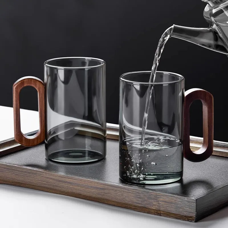 2/4/6-Pack Borosilicate Glass Mugs with Walnut Wooden Handle, 360 ml (12.2 fl oz) Heat-Resistant Teacup Set for Coffee, Milk & Juice