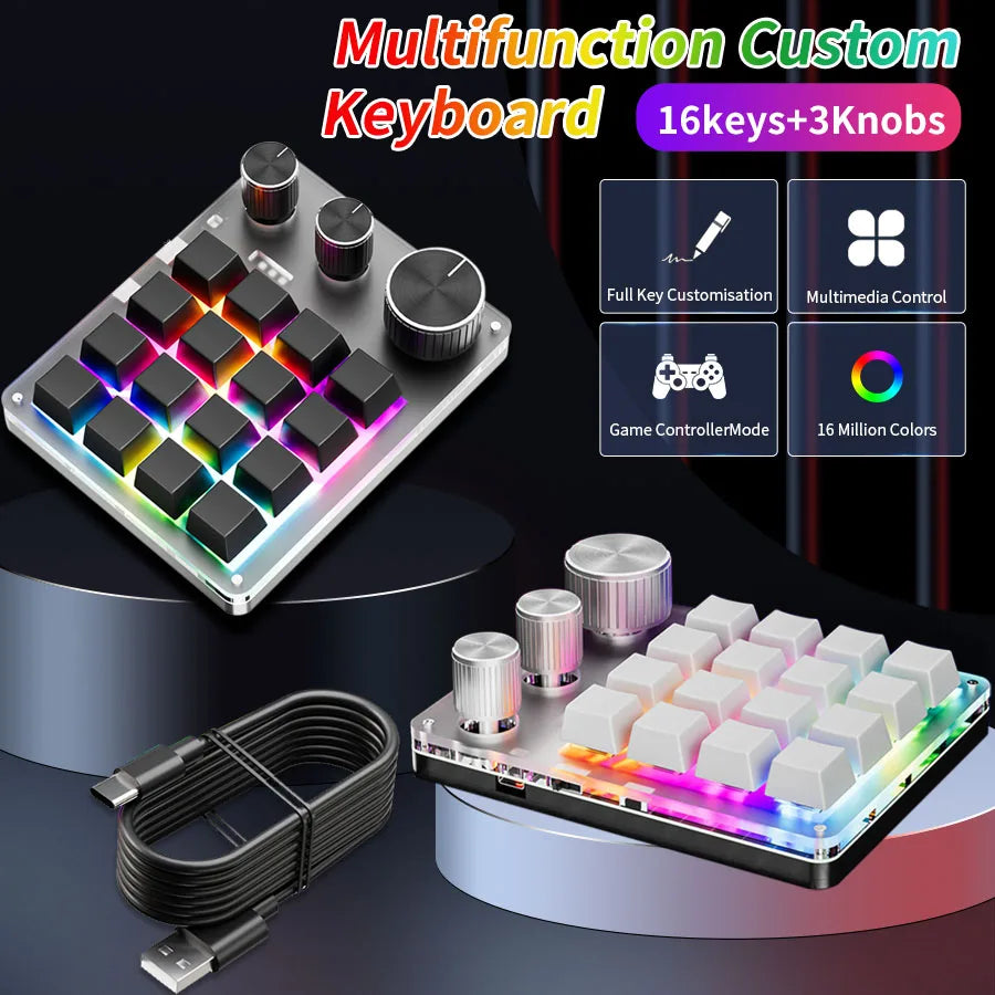 16-Key Mechanical Macro Keyboard with 3 Programmable Knobs, Volume Control, USB Wired, Bluetooth & 2.4G Wireless