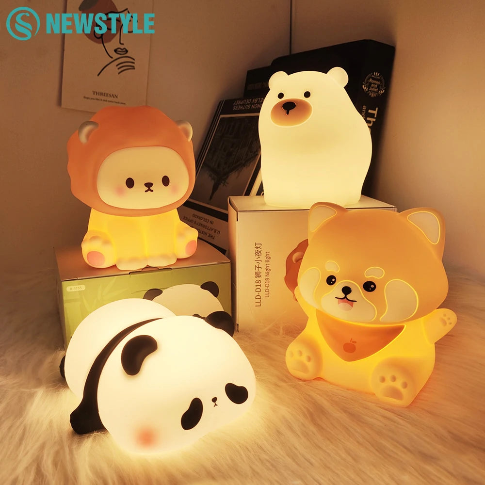 Cute Panda & Lion Silicone LED Night Light – USB Rechargeable Bedside Timer Lamp for Kids & Babies, Perfect Birthday Gift