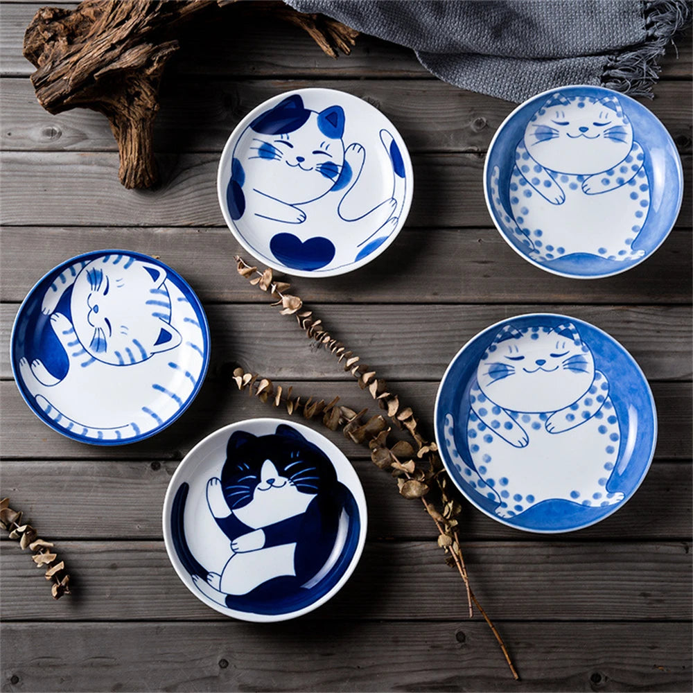 Japanese-Style Ceramic Lucky Cat Sauce Dish - Cute Dessert & Sushi Plate (1 or 4-Pack)