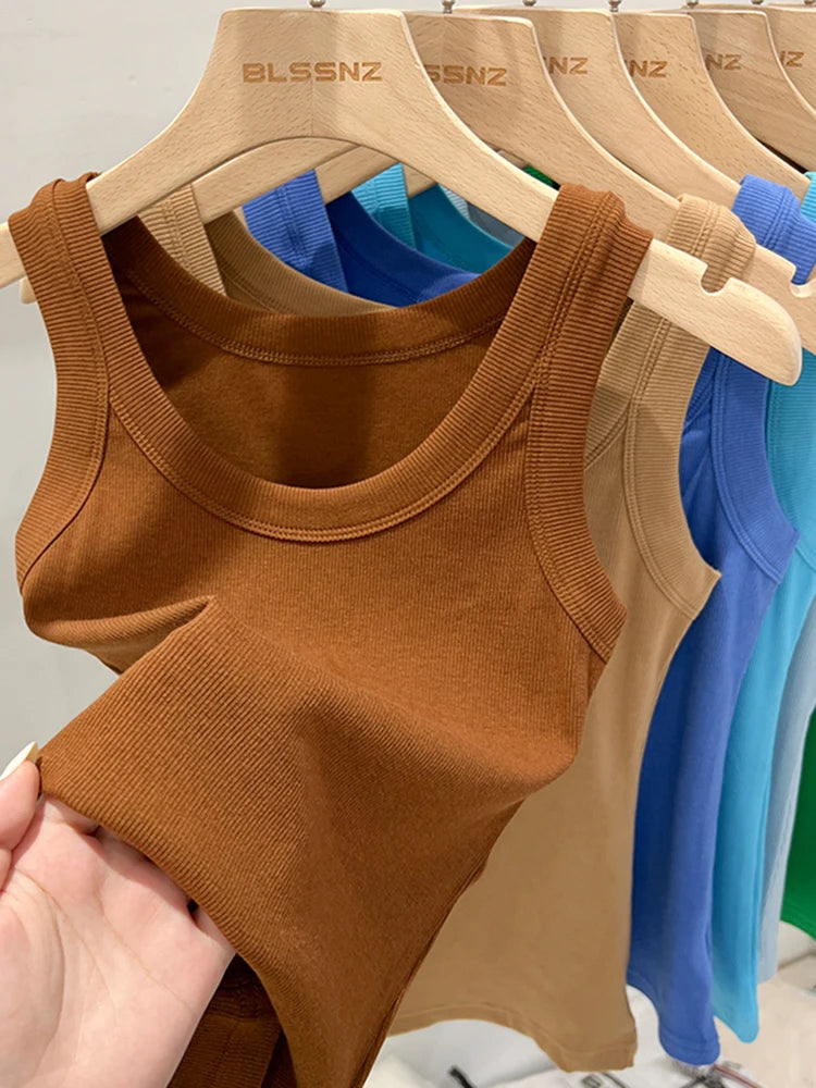 Women's Ribbed Round Neck Tank Top O-Neck Camisole Elastic Summer Basic Solid Tank