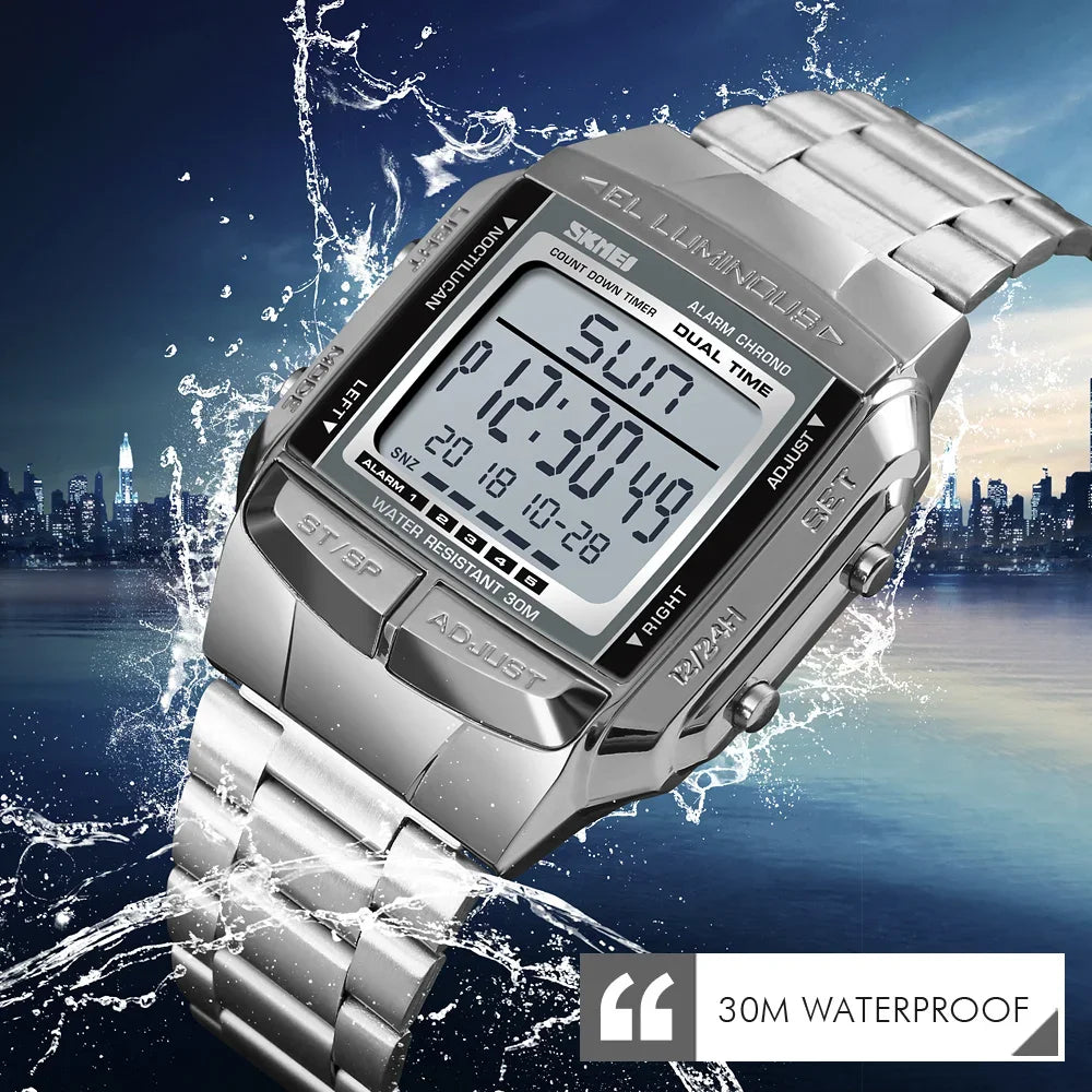 Men's Waterproof LED Digital Sport Watch – 30M (3ATM) Water Resistant, Stainless Steel Band, Military Style