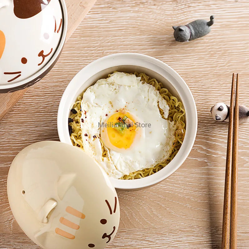 Japanese Style Ceramic Soup Bowl with Lid Cute Cat Cartoon Porcelain Noodle & Rice Bowl