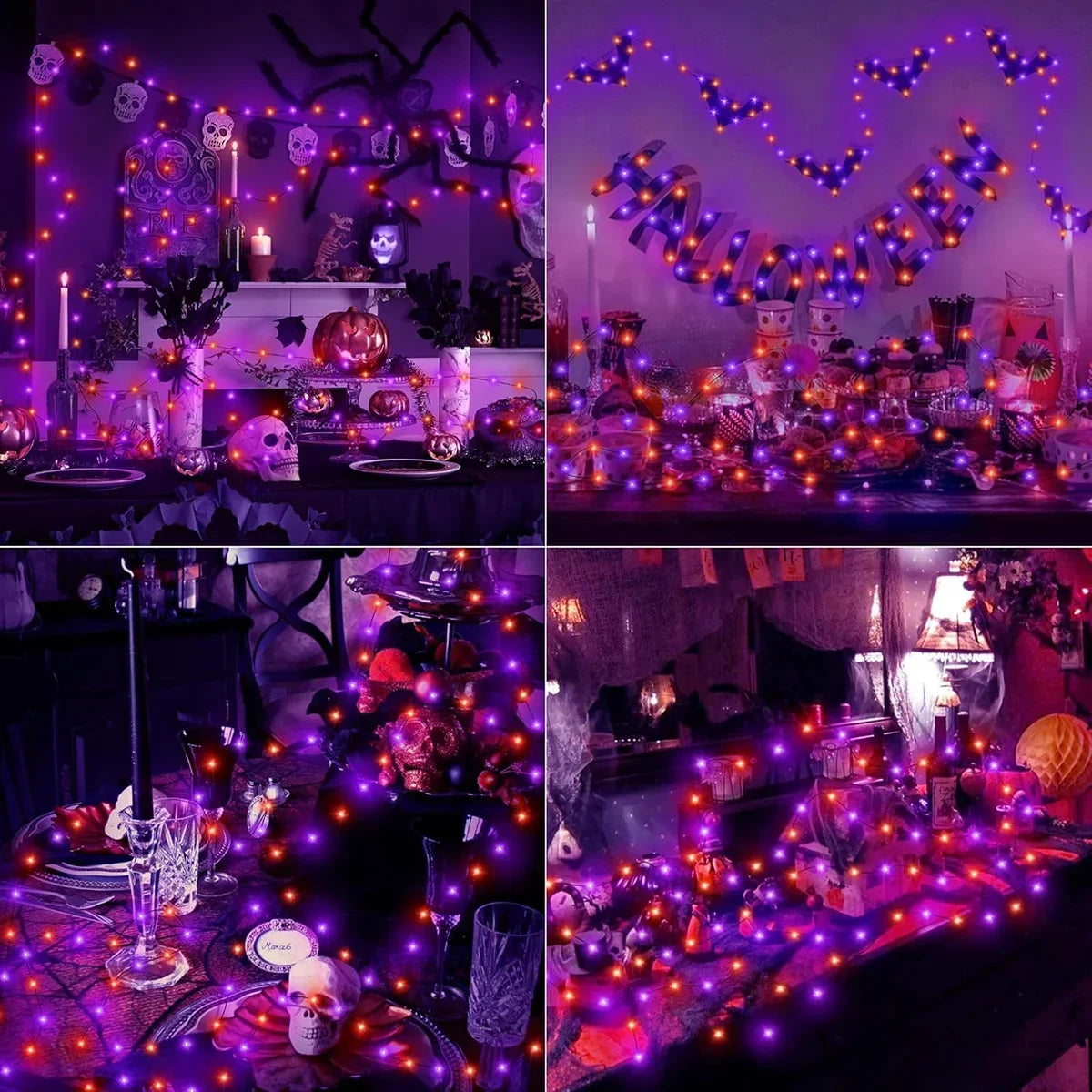 20 m (65.6 ft) Purple & Orange LED String Lights – Battery-Powered Outdoor Fairy Lights for Halloween & Christmas Party Decor