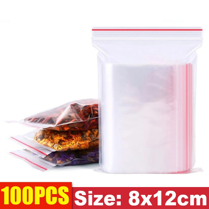 Clear Thick Resealable PE Bags – Reclosable Zip Storage Pouches for Jewelry, Food & Crafts (Sizes 4×6–12×18 cm / 1.6×2.4–4.7×7.1 in, 100–500 Pack)