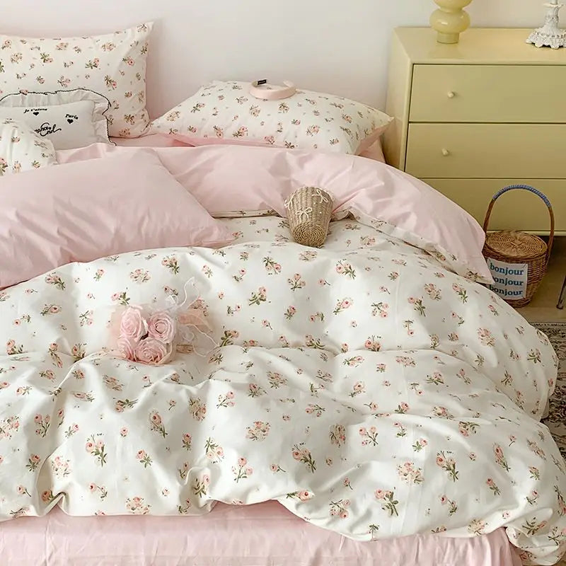 Pink Floral Brushed Microfiber Bedding Set Duvet Cover, Flat Sheet & Pillowcases (Twin/Full/Queen/King)