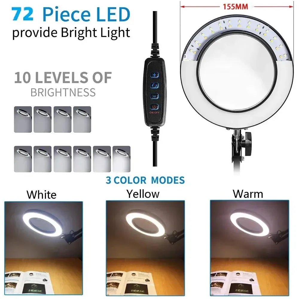 LED Magnifying Lamp 72-LED USB Illuminated Magnifier 8X/10X Adjustable Arm for Soldering, Repair, Crafts & Skincare