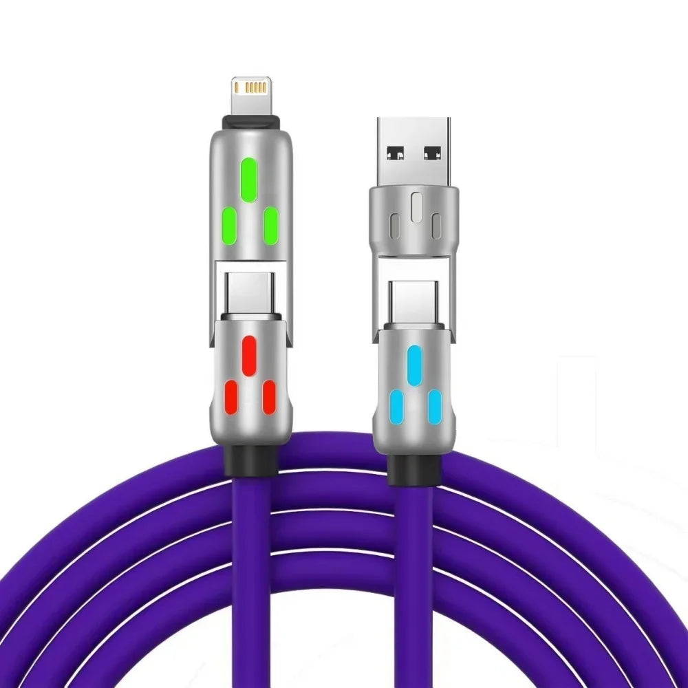 4-in-1 240W USB-C PD Fast Charging Cable — Silicone Power Cord, Type-C to USB-A, Compatible with iPhone Samsung Xiaomi
