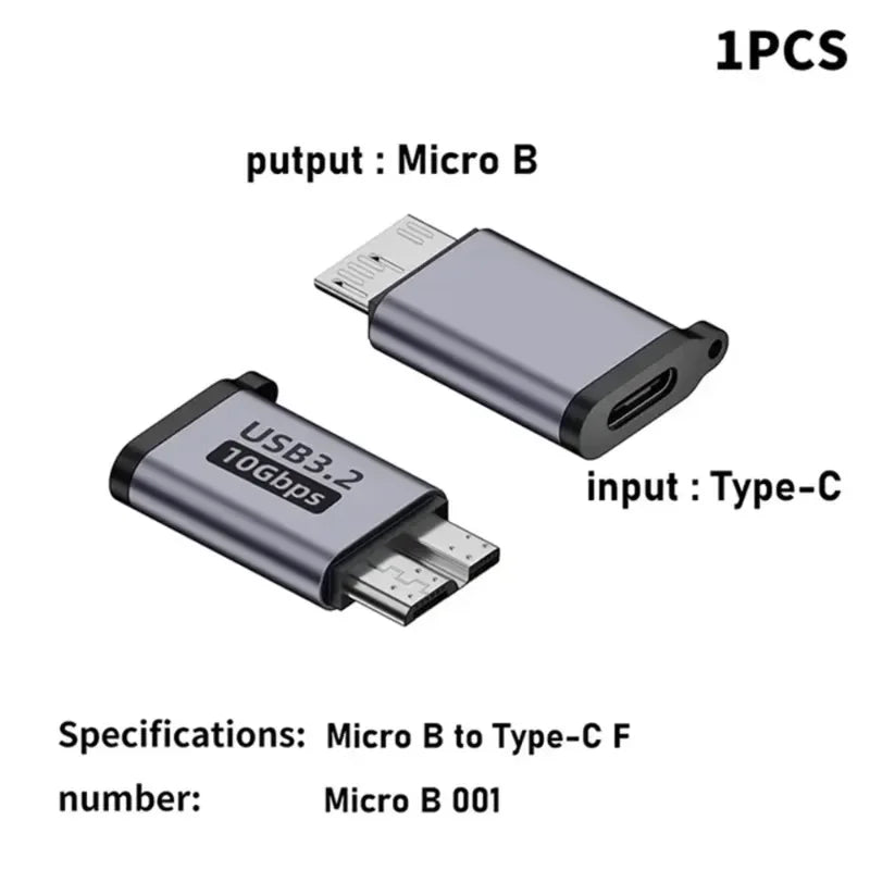 USB 3.0 Micro-B Male to USB-C Female Adapter — Type-C HDD Cable Converter, 10 Gbps High-Speed