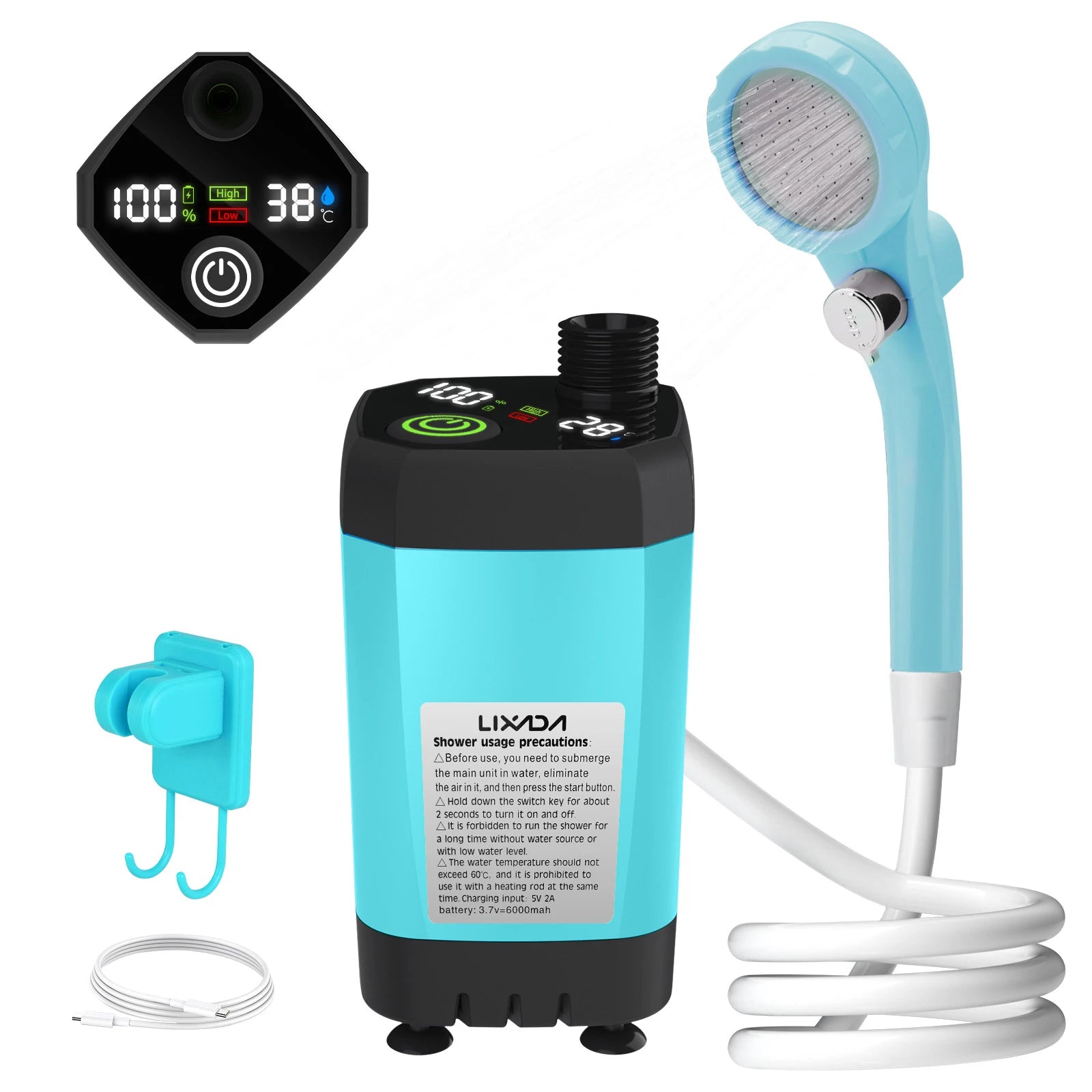 6000mAh Portable Camping Shower Pump with Full Screen Digital Display — RV Outdoor Shower Kit