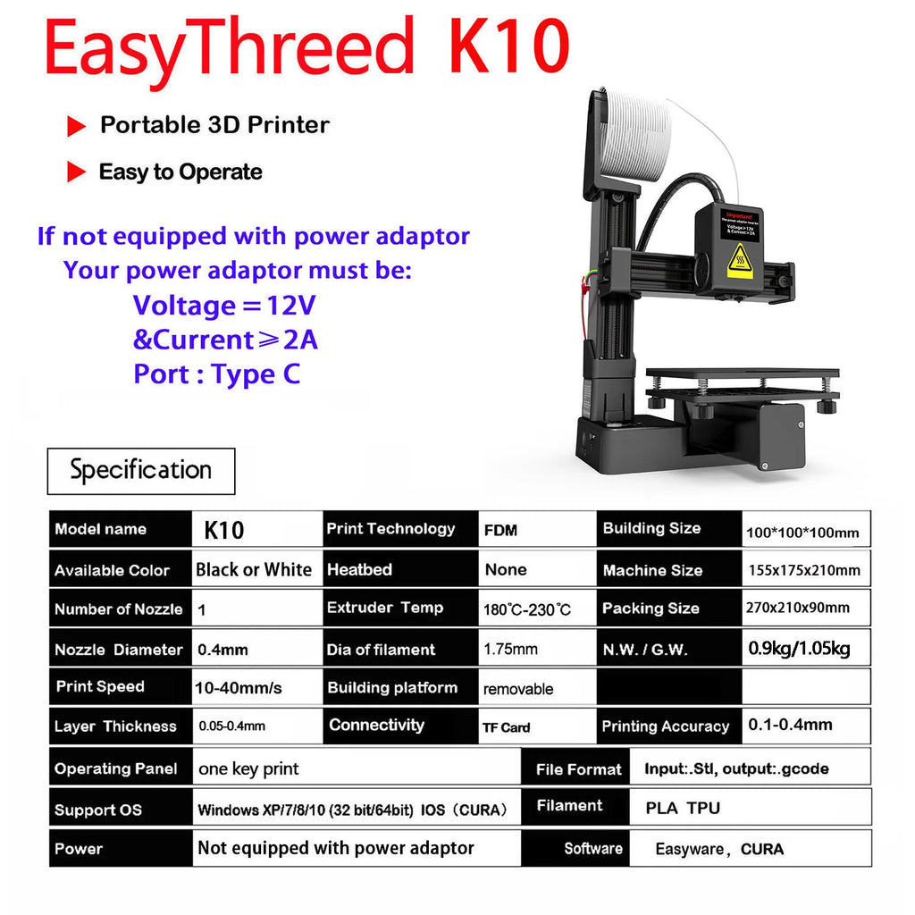 Entry-Level 3D Printer – PLA & TPU 1.75mm Filament Compatible, 100×100×100 mm (3.94×3.94×3.94 in) Build, Includes 12V Power Adapter