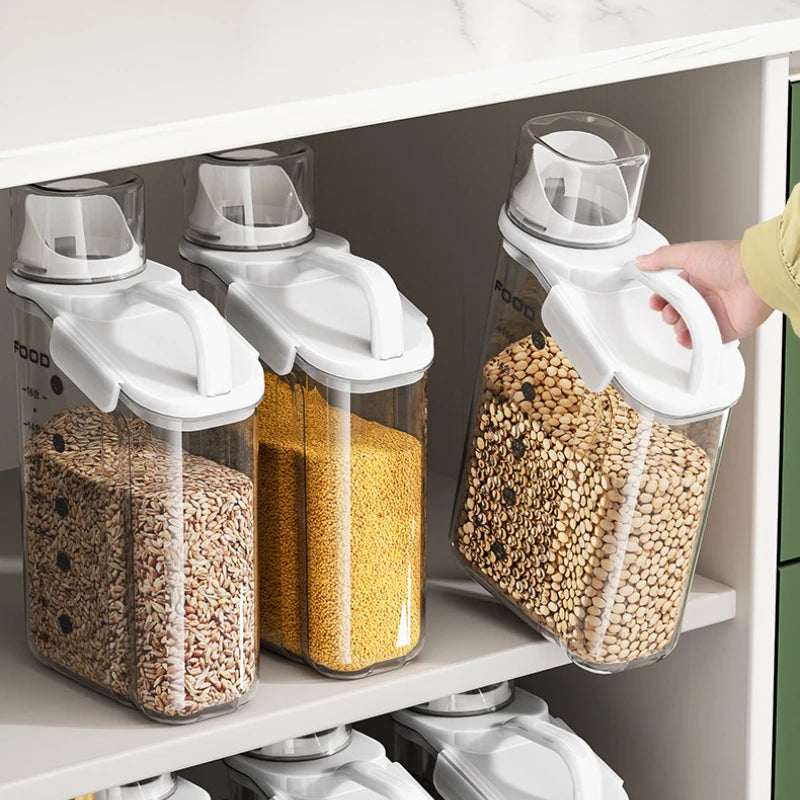 Airtight Transparent Food Storage Container - Cereal Dispenser with Funnel Spout & Built-In Measuring Cup, Stackable BPA-Free Pantry Organizer for Grains Snacks Pet Food