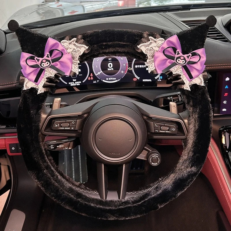 Kuromi Plush Steering Wheel Cover Soft Warm Anti-Slip 38cm (15 in) Car Accessory for Girls