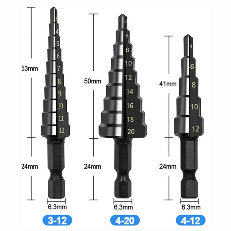 3-Pack HSS Step Drill Bits 3-12mm (0.12-0.47 in), 4-12mm (0.16-0.47 in), 4-20mm (0.16-0.79 in) Nitride Black Hex Shank Hole Cutter for Metal Wood Plastic