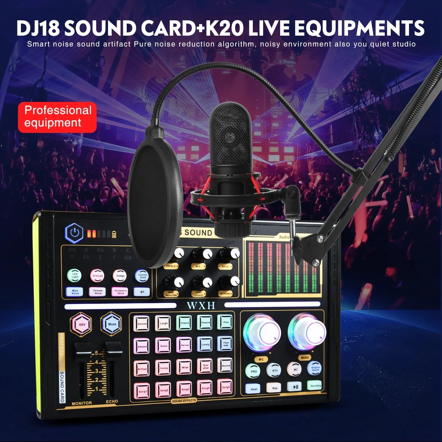 External Sound Card Studio Mixer with Noise-Reduction Microphone for Live Streaming, TikTok, Podcasting