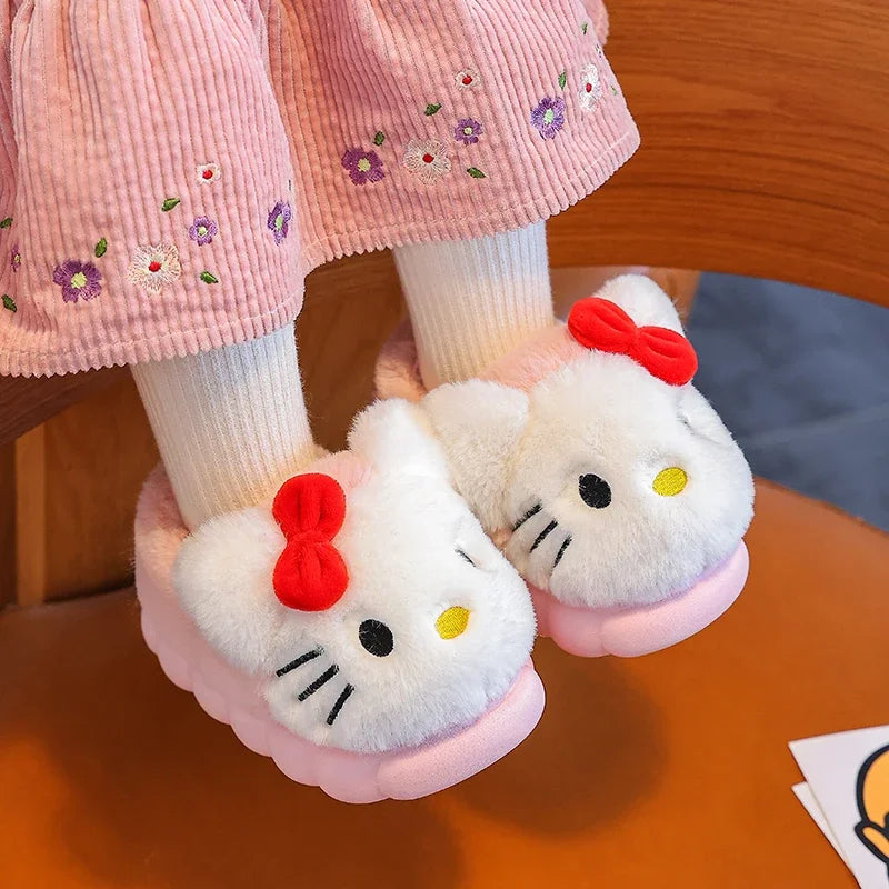 Kawaii Anime Plush Indoor Non-Slip Winter Slippers for Kids — Soft Cotton Flat Sole, Cute Cartoon Gift