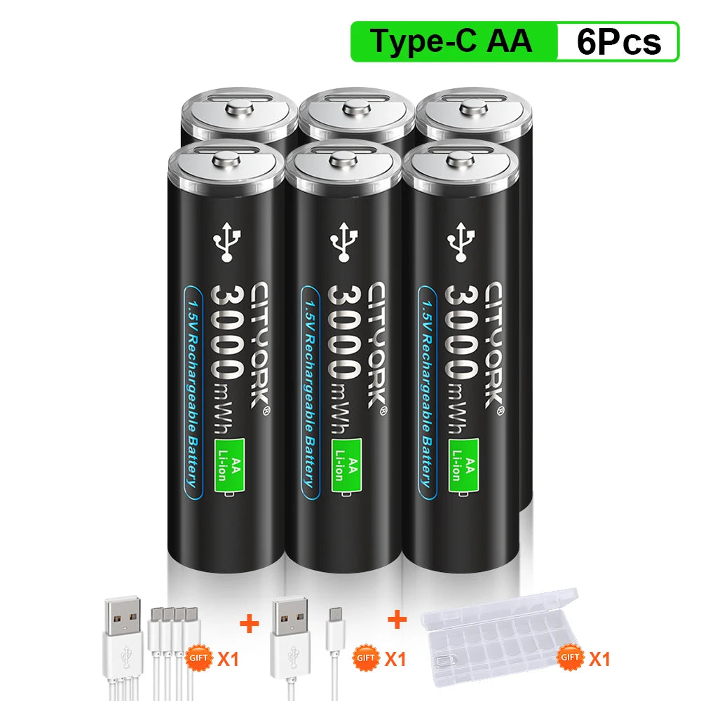 1.5V AA Rechargeable Li‑Ion Battery 3000mWh (3.0Wh) with Micro USB Fast Charging - For Remotes, Keyboards, Toys & Wireless Devices