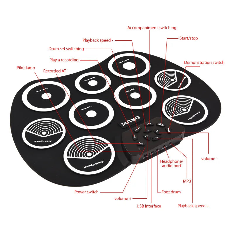 Portable 9-Pad Roll-Up Electronic Drum Set USB MIDI with Pedals & Drumsticks
