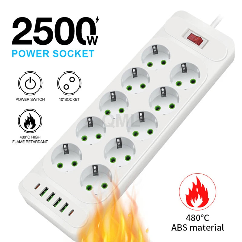 EU Power Strip 2500W — 10-Outlet Extension with Safety Master Switch, 6 USB Ports incl. USB-C, 2m (6.6 ft) Cord, EU Plug