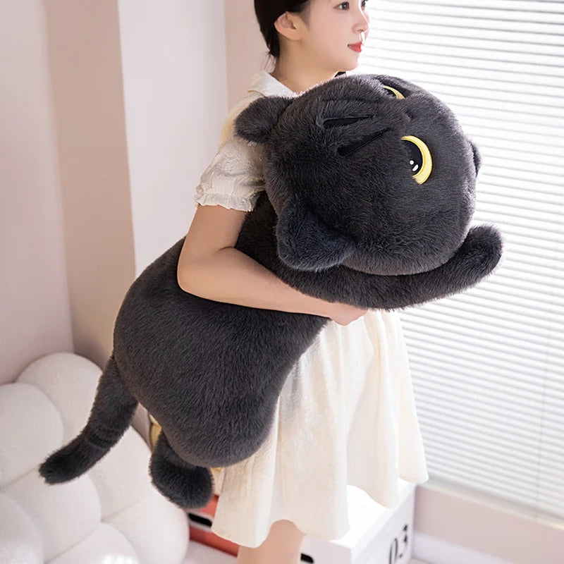 Cute Black Cat Plush Pillow – Soft Stuffed Lying Cat Cushion, 50/70/90 cm (19.7/27.6/35.4 in) – Birthday Gift