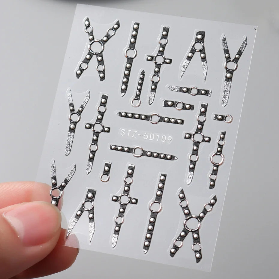 5D Gothic Punk Nail Stickers - Embossed Black Stripe Bandage Glitter Nail Decals (6×8 cm | 2.4×3.1 in)