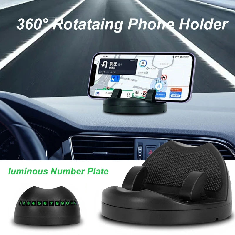 360-Degree Rotating Car Phone Holder Dashboard & Head-Up Mount with Luminous Parking Number Plate - Universal Auto Phone Stand