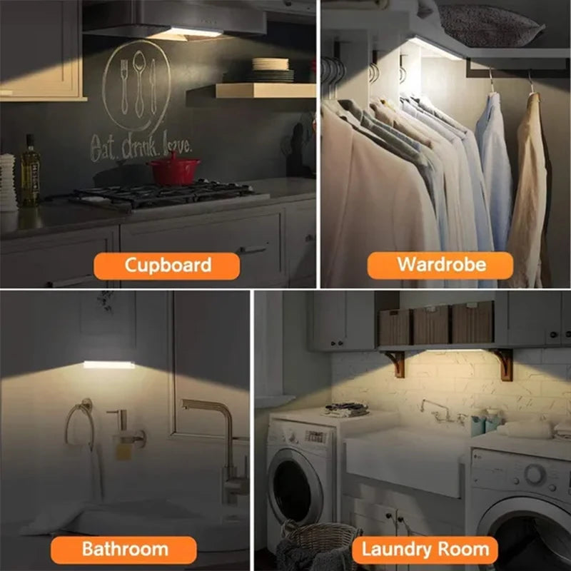 PIR Motion Sensor LED Under-Cabinet Rechargeable Night Light — Dimmable Magnetic Closet Stair Kitchen Light Bar (10–50 cm / 4–20 in)