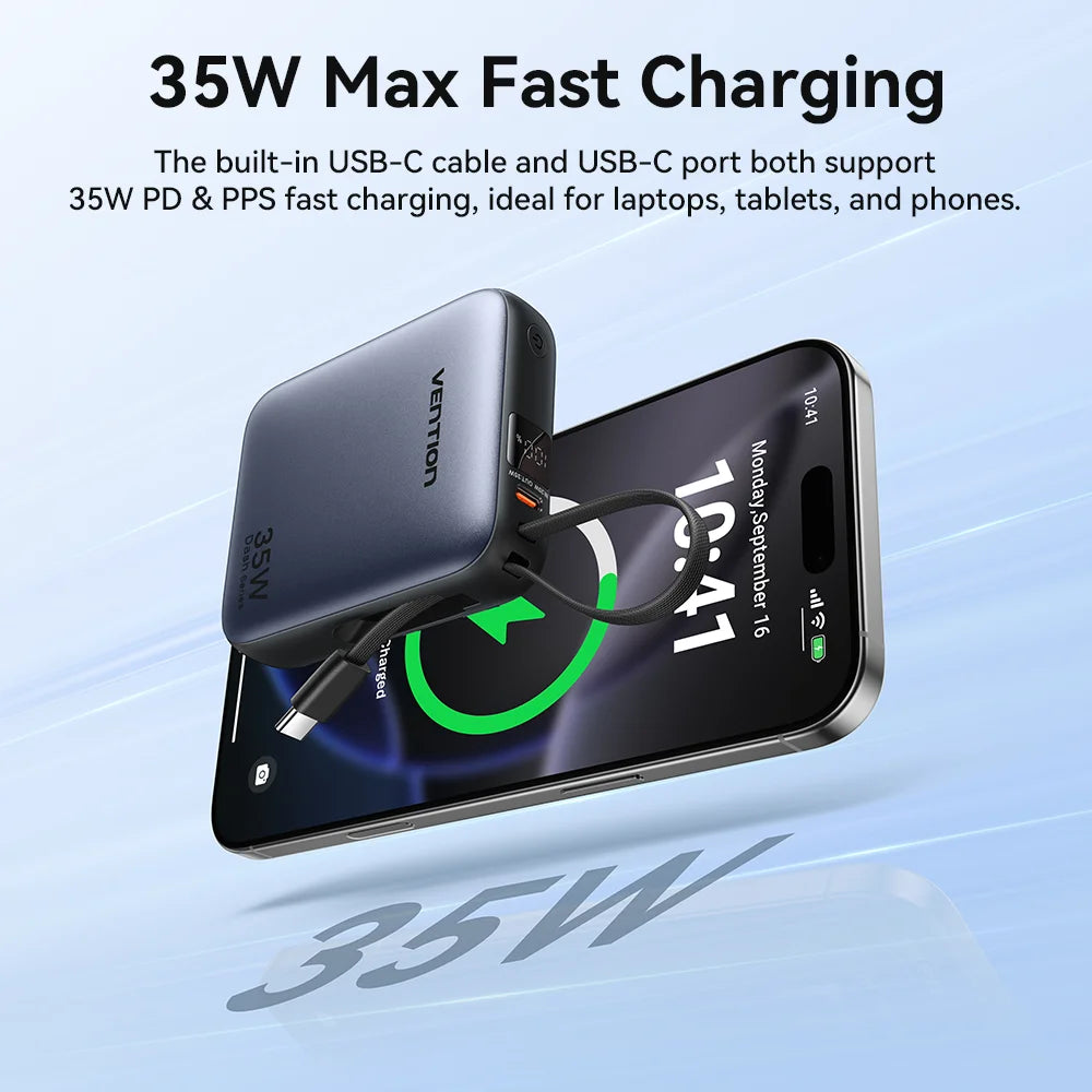 35W 10000mAh Mini Power Bank PD Fast Charge with Built-in USB-C Cable, LED Display, Dual-Port Portable Charger