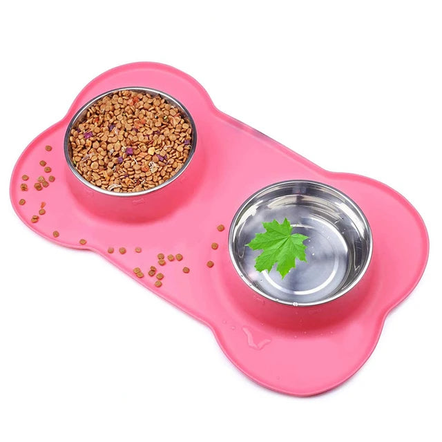 Double Stainless Steel Pet Bowl with Non-Slip Silicone Mat – Durable Food & Water Feeder for Dogs & Cats (S/M/L)