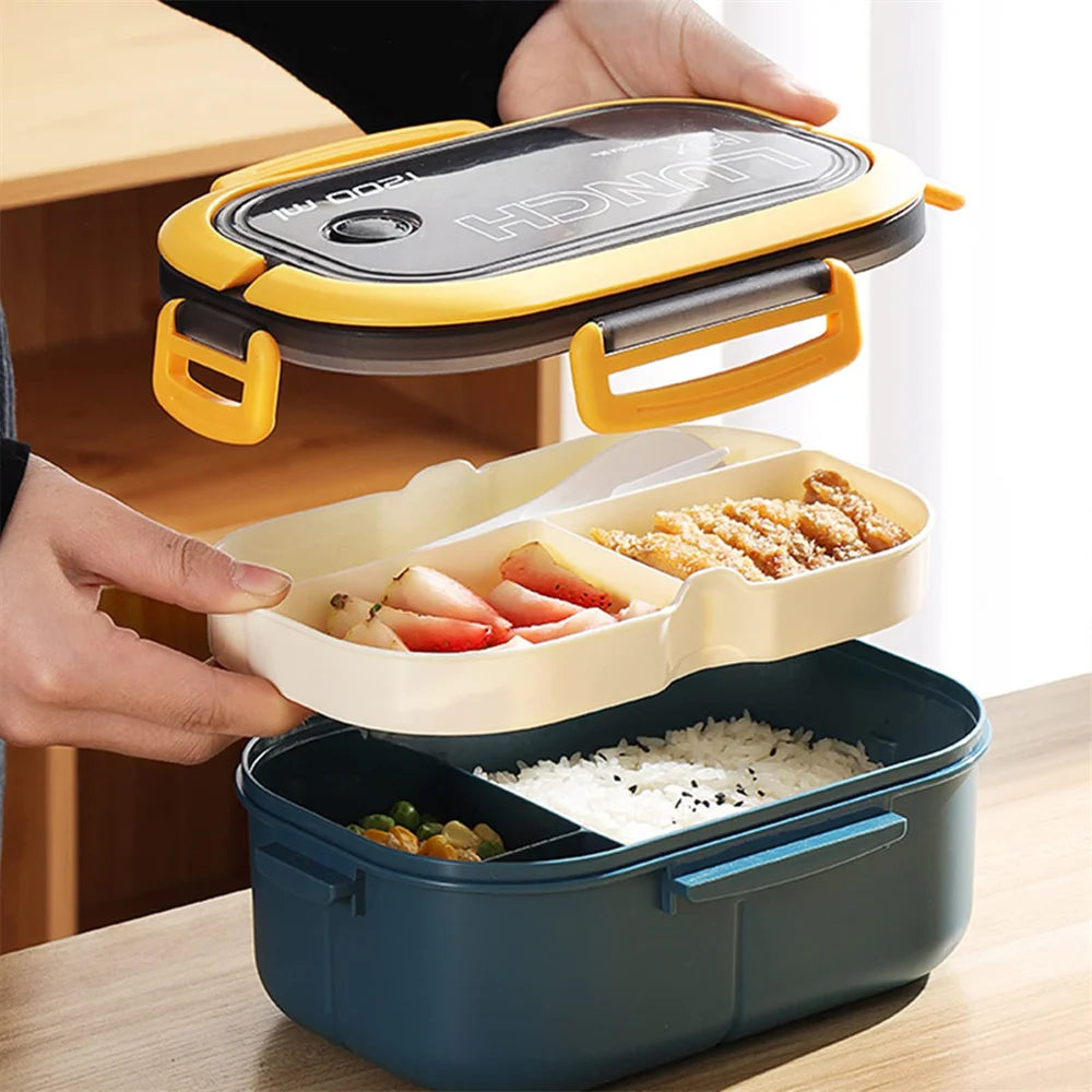 1200ml (1.2L / 40.6 fl oz) Double-Layer Bento Lunch Box with Spoon & Fork - Leakproof Compartmentalized Portable Lunchbox for Office, School & Camping