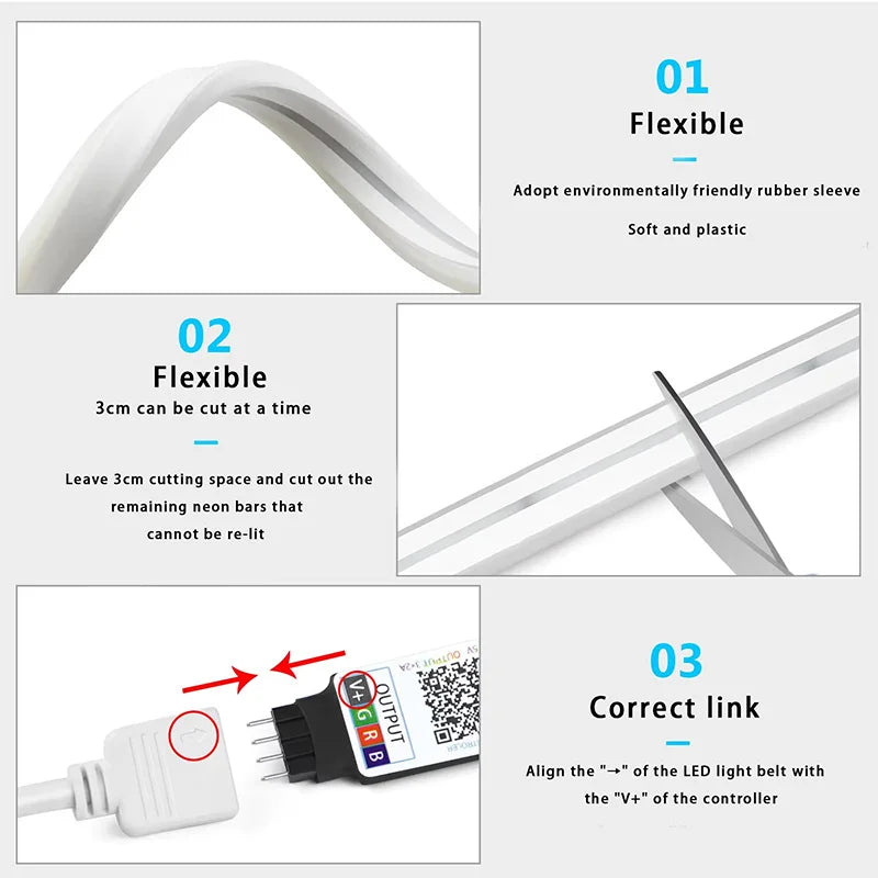 USB 5V RGB LED Neon Strip Light 1m/2m/3m/5m (3.3/6.6/9.8/16.4 ft) WiFi & Bluetooth Smart Strip Tuya Smart Life Alexa Compatible